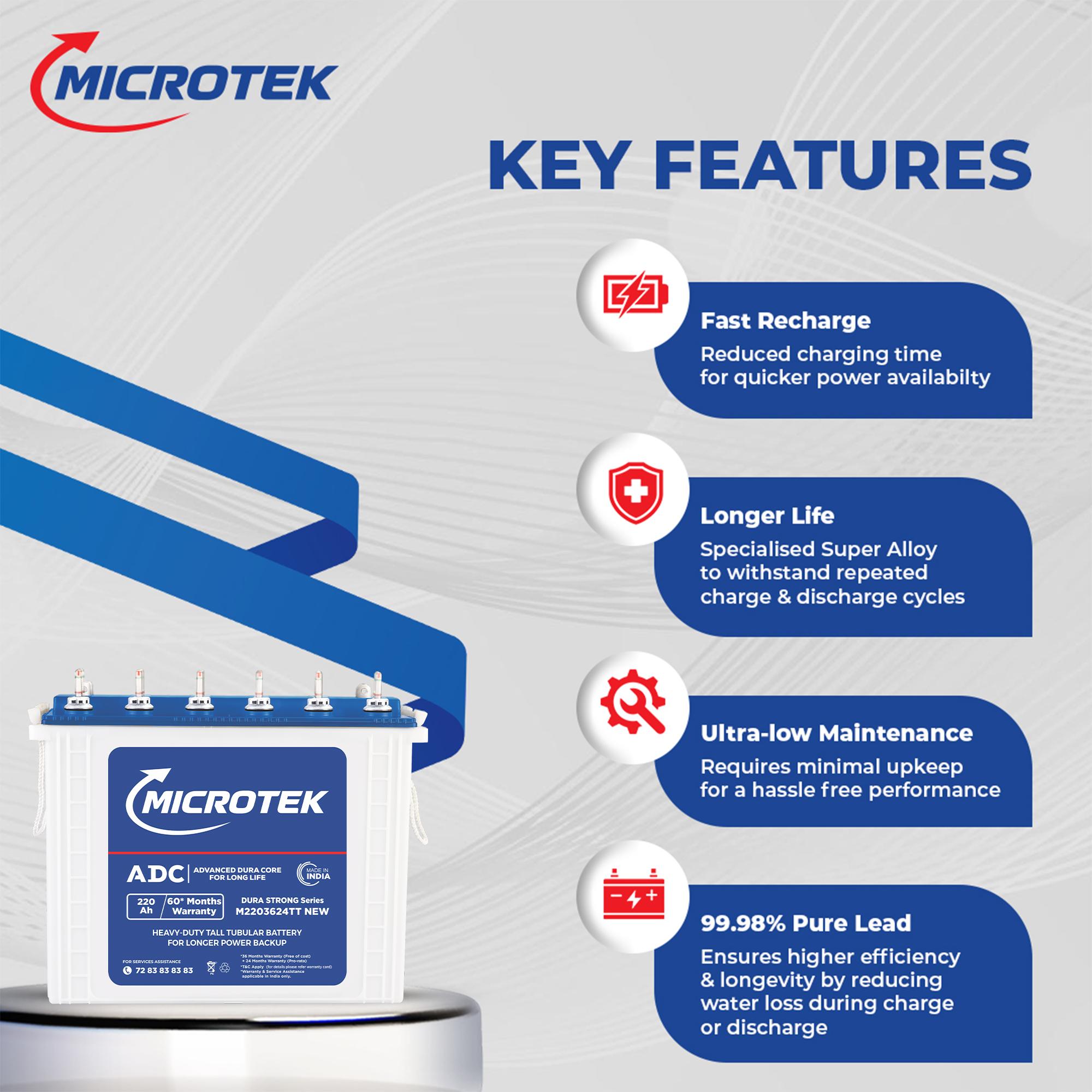 Microtek Dura Strong M2203624TT | 220Ah Tall Tubular Inverter Battery