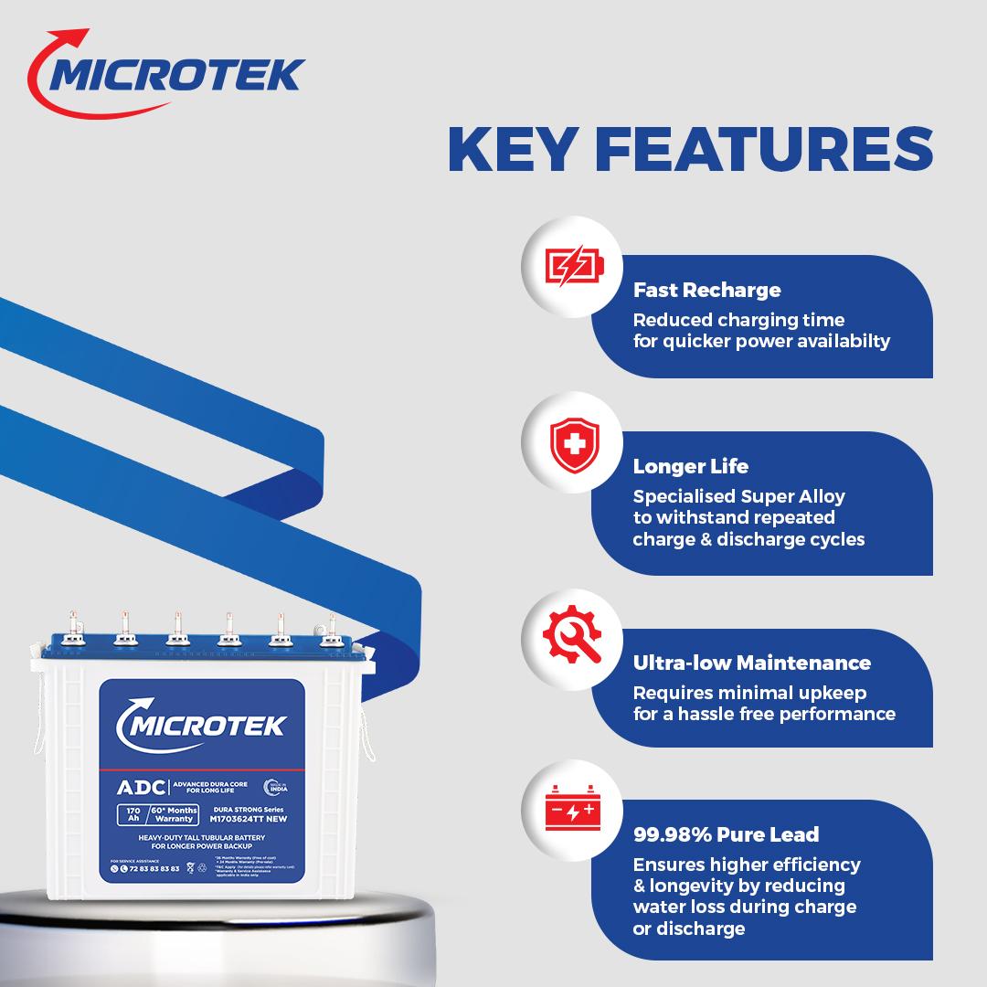 Microtek Dura Strong M1703624TT | 170Ah Tall Tubular Inverter Battery