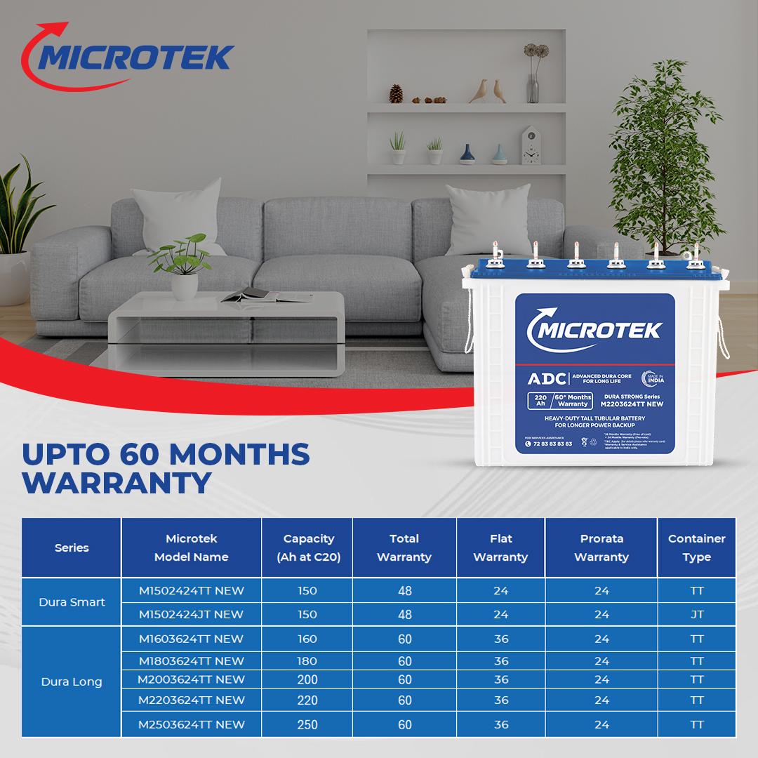 Microtek Dura Strong M2203624TT | 220Ah Tall Tubular Inverter Battery